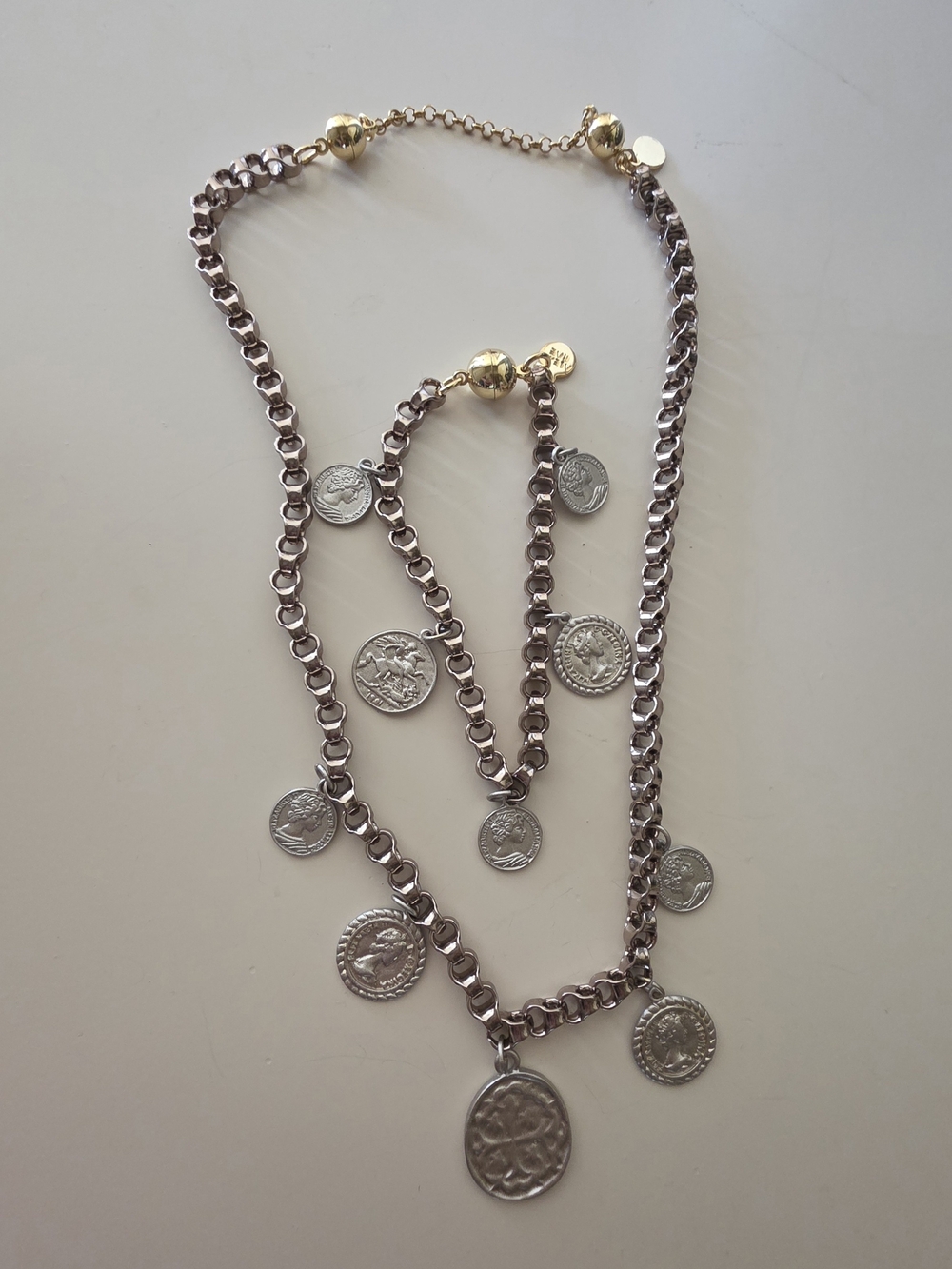 Silver-Tone Coin Charm Necklace And Matching Bracelet